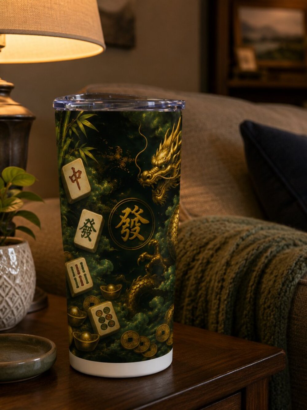 Gold Dragon Mahjong Tumbler 20oz | Mahjong Gift for Her | Jade Green Chinese - Picture 7 of 9